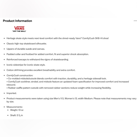 NWT- Vans Unisex ‘Sk8-Hi ComfyCush’ High Top Sneaker In Black/True White - Picture 2 of 11